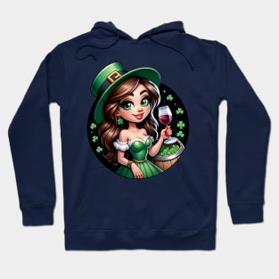 Pretty Irish Girl in green with shamrocks and a glass of wine Hoodie